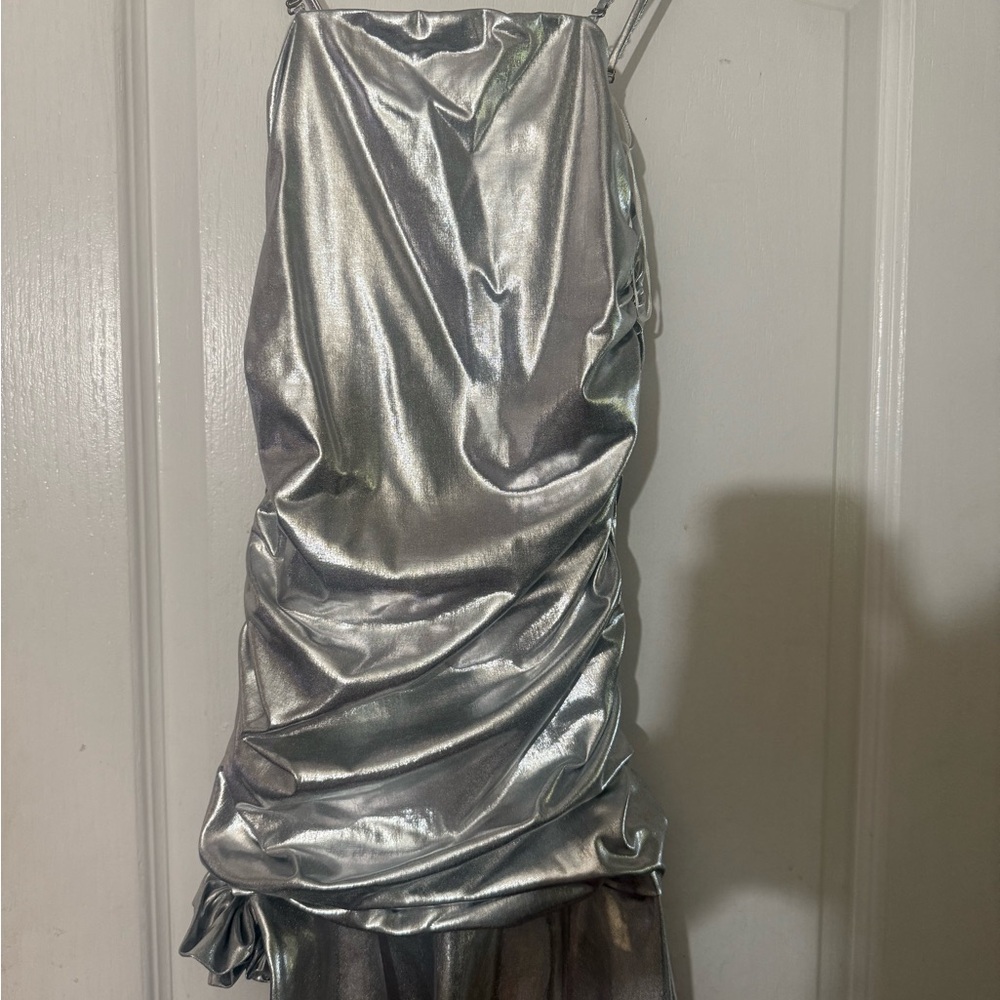 Silver Metallic Ruched Dress